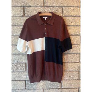 Reiss Mens XL Colorblock Polo Shirt Brown/White/Black Cotton Knit Stylish